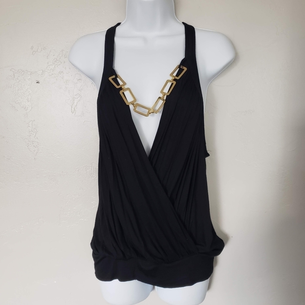 Valentine NWOT Women's Large Black Sleeveless Blouse Surplice Gold Chain Neck
